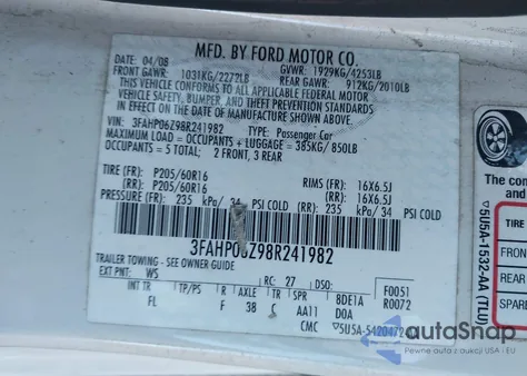 2008 Ford Fusion S from USA, damaged, VIN 3FAHP06Z98R241982